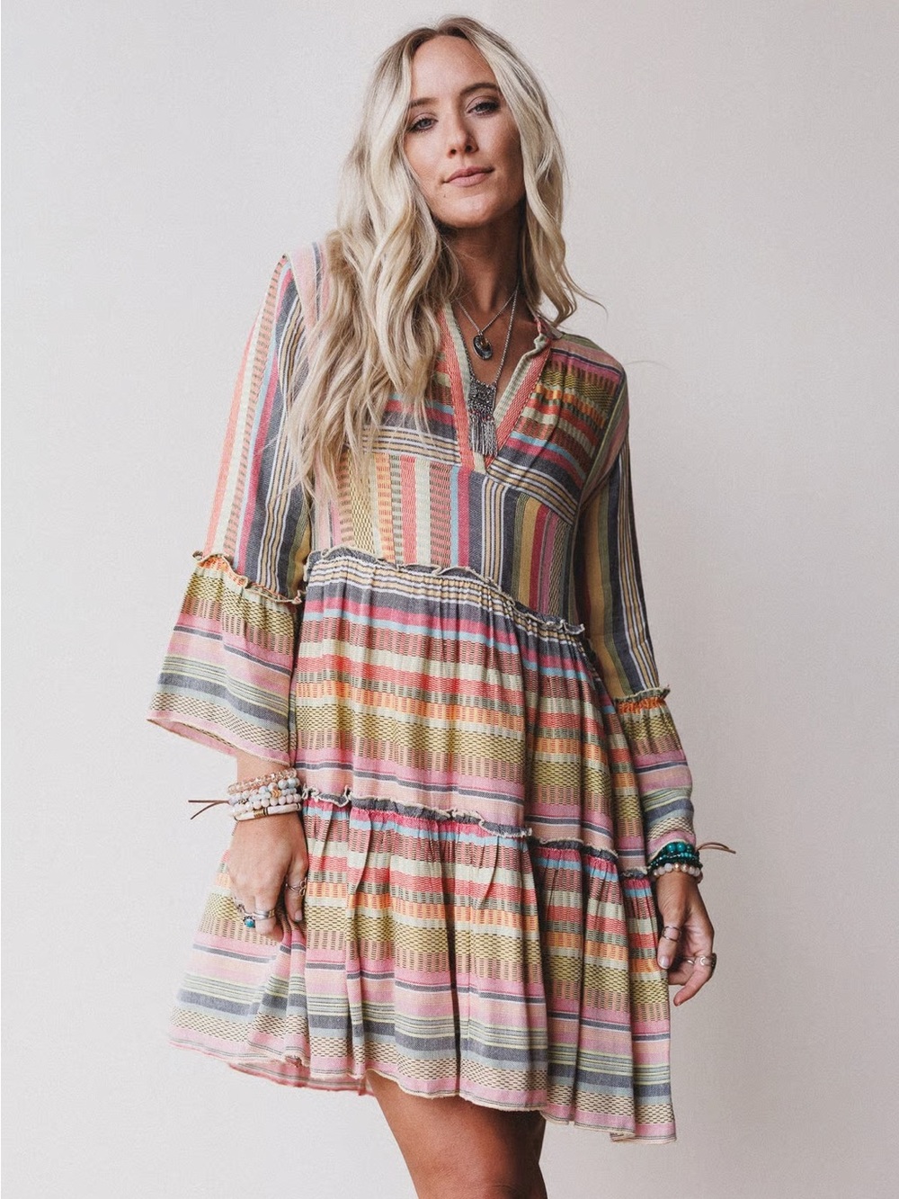 En Crème - Keepsake Striped Mini Dress Bell Sleeve Size M Boutique